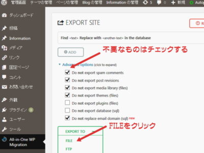 All-in-one WP Migrationのexport設定画面-i